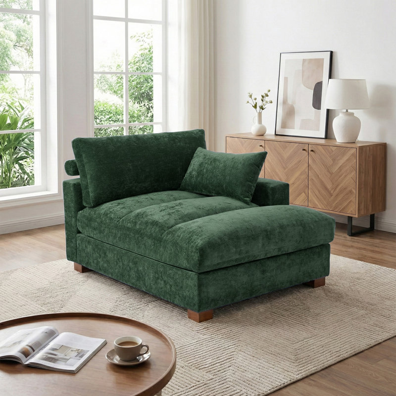 Chaise longue surdimensionnée rembourrée en chenille verte avec accoudoirs et coussins décoratifs, Vert