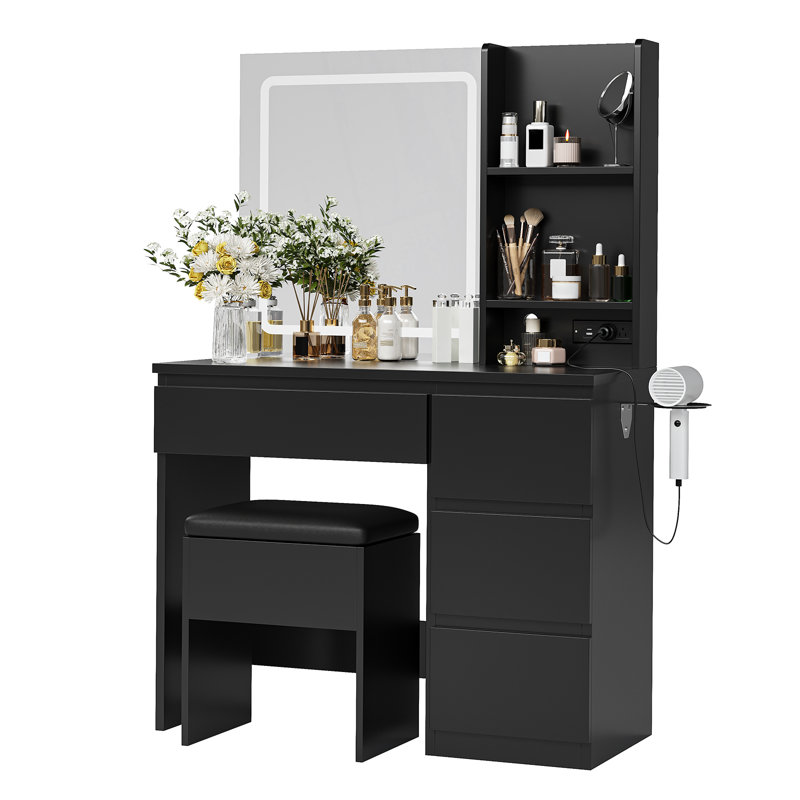 Makeup Vanity Desk Set with Lighted Mirror, LED Lighting, 4 Drawers, Storage Stool, Built-In Power Outlet & Shelves, Dressing Table for Bedroom or Dressing Room