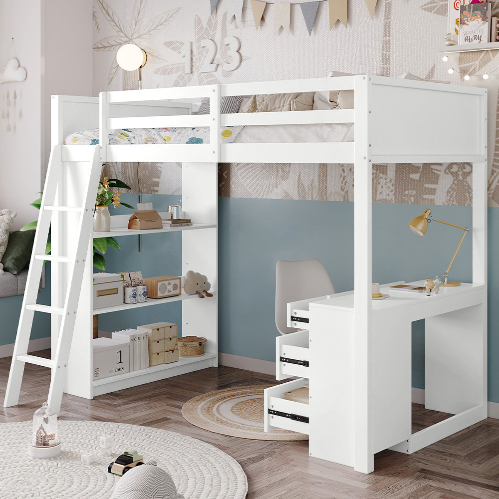 Teenage Wooden Loft Bed With Desk, 4-Step Ladder, Multi-Drawer Design, 3 Rows Of Shelves, Study Space, 3FT Single Bed Fr...