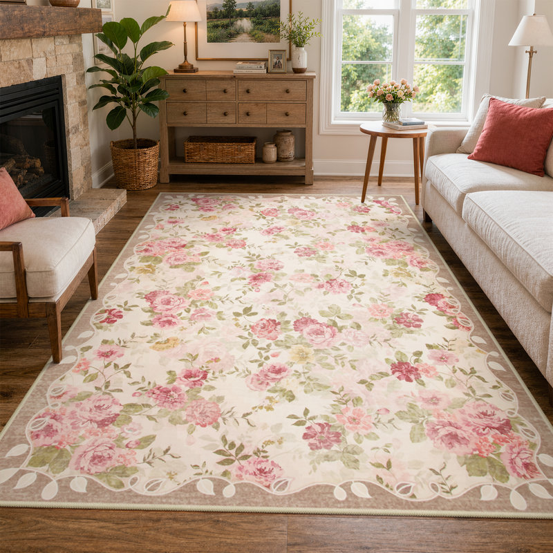 Tapis rond vintage à motif floral, lavable à la machine et doté d'un envers antidérapant, Beige, Round 4'