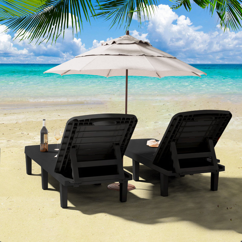 Corsin Outdoor Resin Chaise Lounge with Cup holder, Black