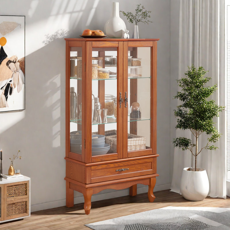 Vitrine lumineuse en verre avec 2 portes en verre, tablettes réglables en verre, 1 tiroir et lumière DEL, Chêne