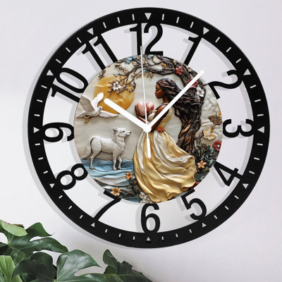 Metal Wall Clock for Living Room -10" Woman Holding Eggs With Wolf Dove Tree Silent Non Ticking,Battery Operated, Antique Clocks for Farmhouse,Bedroom,Kitchen - Arabic Numerals