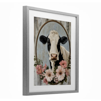 Pretty Floral Cow Portrait Framed Print Under Glass, design by Petal Prints Design
