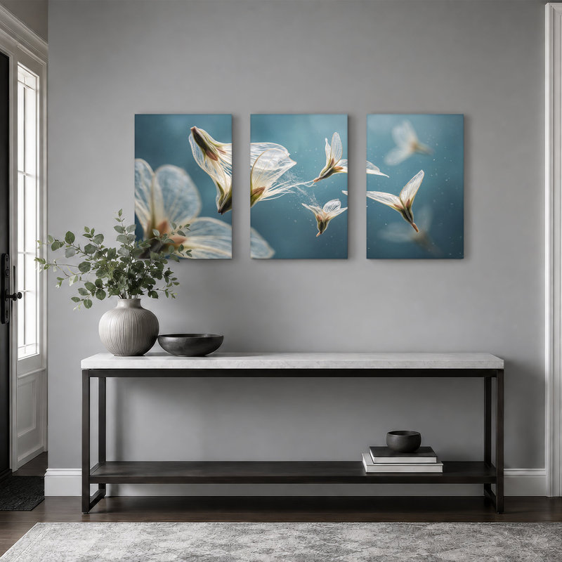 Ensemble de 3 toiles translucides flottantes sur fond bleu, 36"H x 24"W x 3pcs
