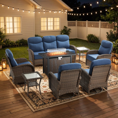 Himonia 8-Piece Outdoor Wicker Patio Rectangle Metal Fire Pit Table Conversation Set With 4 Swivel Gliders And Side Tables