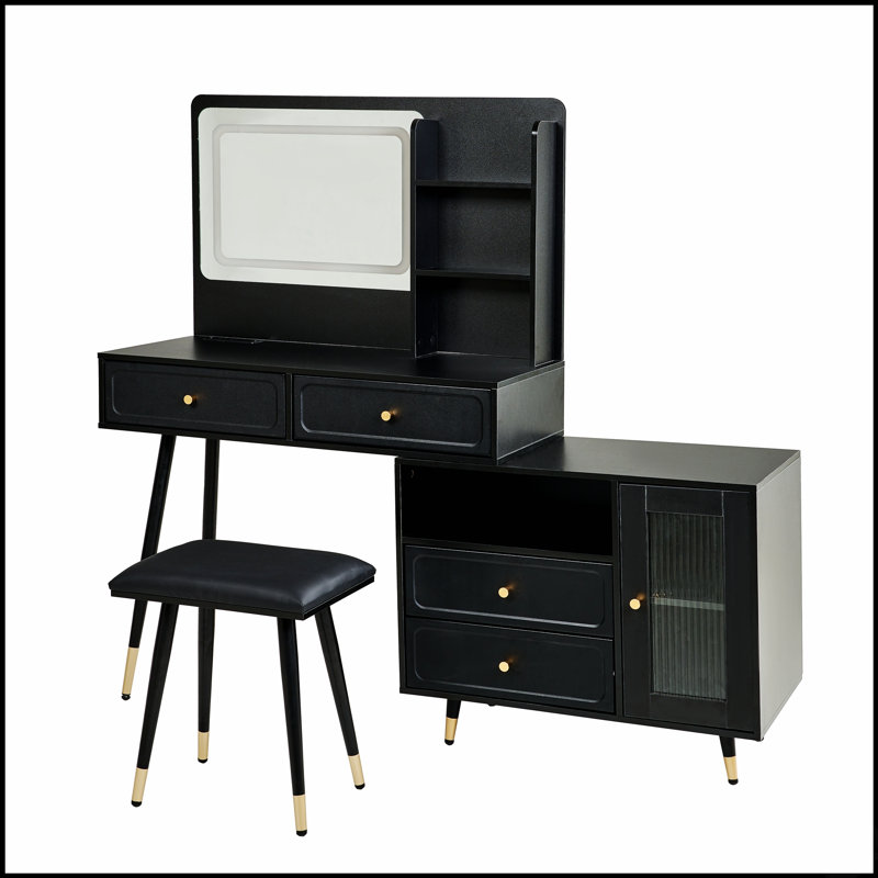 Modern Makeup Vanity Desk With Adjustable LED Lights, Retractable Side Cabinet, And Built-In Power Outlet For Enhanced Beauty Routine