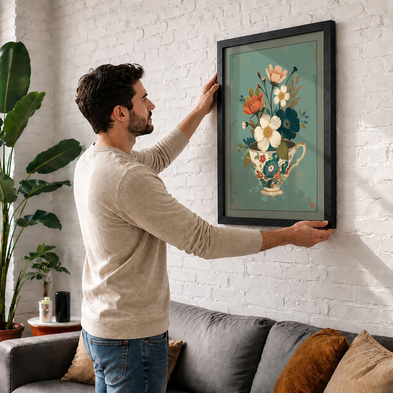 Flowers in Ceramic Teapot Japandi - Framed Print, A3 - 42.0 x 29.7 cm, Black