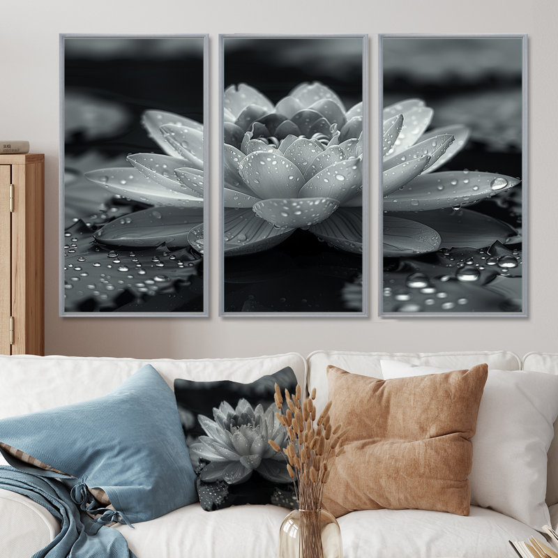 Lotus gris photo élégante silhouette II - ensemble de décoration murale lotus, Toile argentée avec cadre flottant