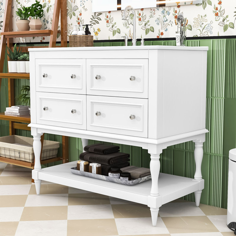 Meuble-lavabo moderne écologique de 36 po avec lavabo en céramique et grand rangement, Blanc