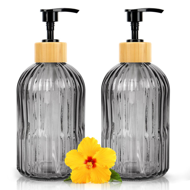 Distributeur de savon en verre avec pompe, paquet de 2 distributeur de savon à main à rayures verticales 13,5 oz pour laver à la main, laver la vaisselle, distributeur élégant pour la salle de bain et la cuisine