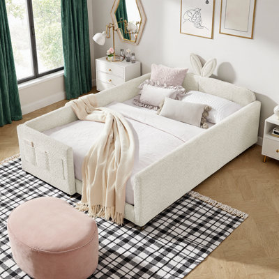 Cute Bunny Ear Upholstered Platform Bed Frame with Safety Guardrail & Storage Pocket - Boucle Fabric - No Box Spring Needed