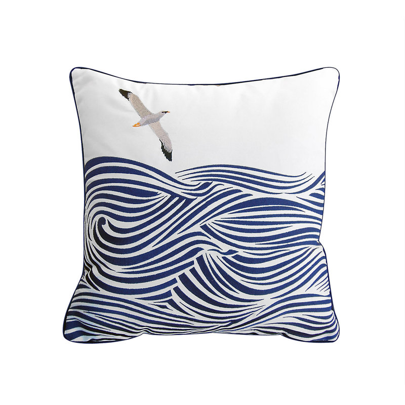 Navy and White Embroidered Square Outdoor Pillow