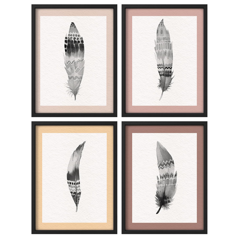" Boho Feather Watercolor Artwork Modern Decor " 4 - Pieces, Black, 14" H x 11" W