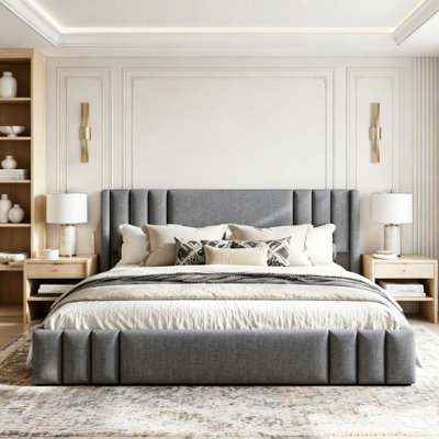 Queen Upholstered Platform Bed with Wingback Headboard