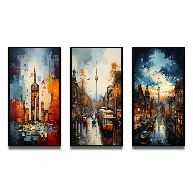 "Allemagne Berlin mur restants" - 3 pièces sur toile, H 32 po x l 48 po, Cadre noir