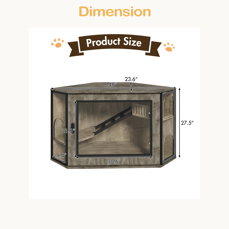 Enceinte de lit 48 po pour coin litière, armoire de coin cachée moderne avec porte en acrylique et lumière DEL, Gris
