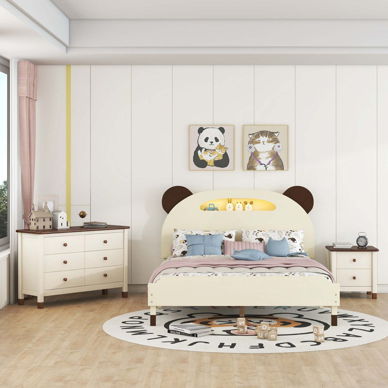 Ensemble de chambre à coucher 3 pièces avec lit plateforme double en forme d'ours avec table de chevet et commode, crème et noyer