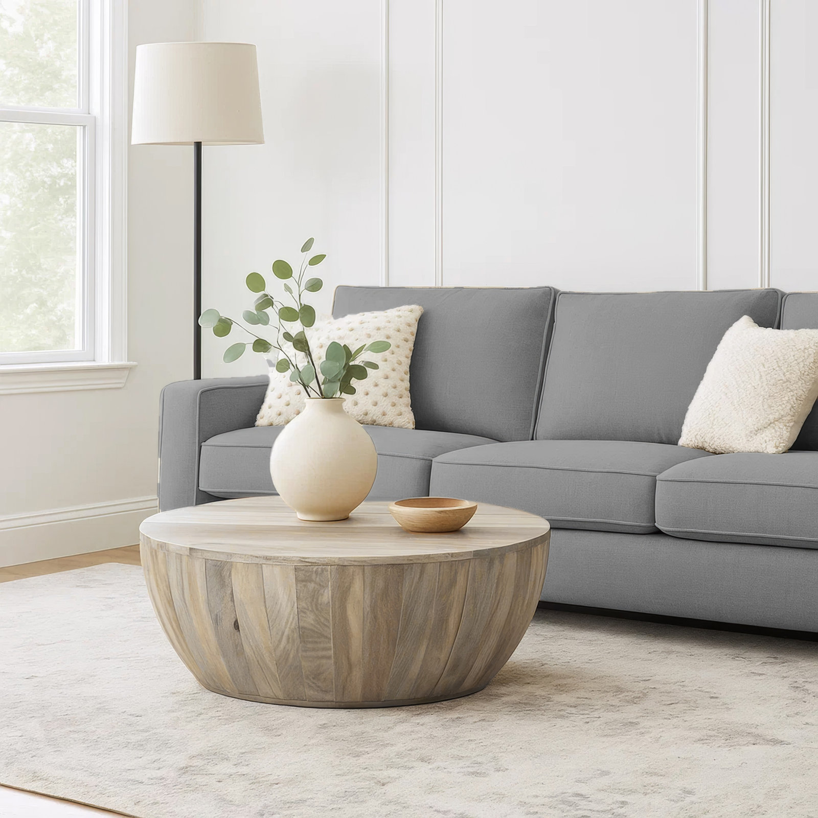 Teasdale 36" Mango Drum Coffee Table, Distressed White