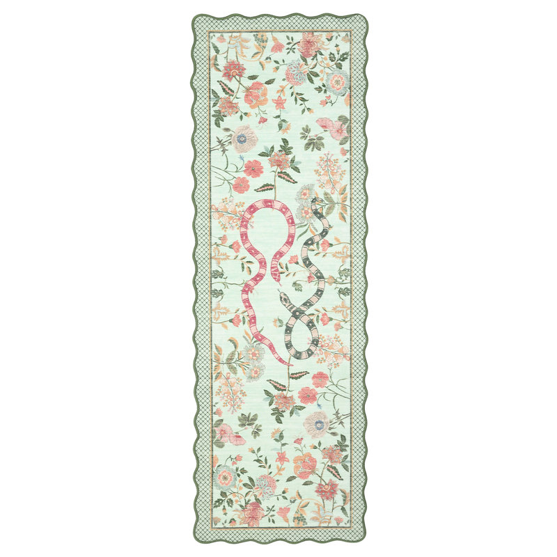 Farmhouse Floral Rug Washable Rug Non Slip Modern Scalloped Carpet, Soft Non Shedding Indoor Carpet, Low Pile Thin Foldable Printed Mat