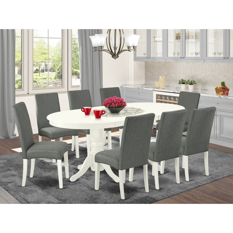 9-Piece Dining Table Set Includes a Dining Room Table and 8 Grey Linen Fabric Parson Chairs with High Back - Linen White, 9