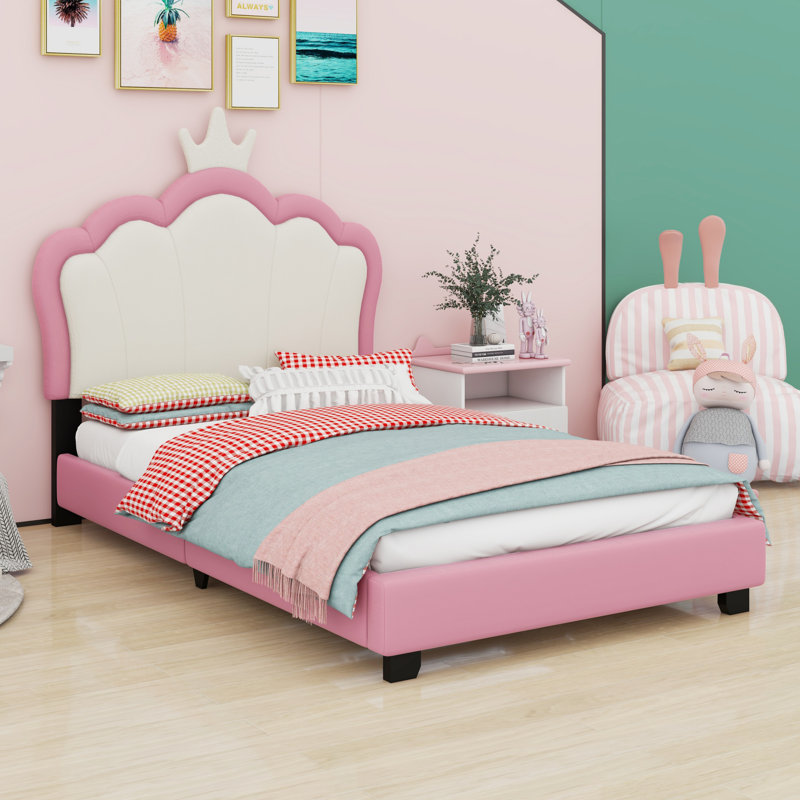Lit princesse rembourré avec tête de lit couronne, Crème et rose