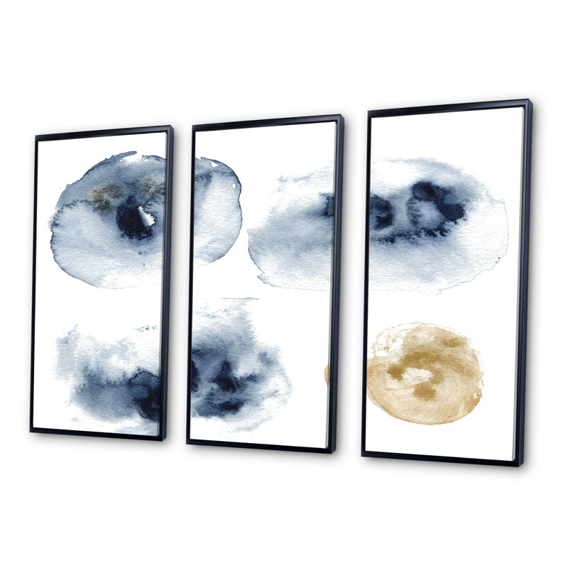 Abstrait bleu foncé et nuage doré - ensemble d'art mural moderne sur toile encadrée 3, H 28 po x l 36 po x P 1 po, Noir