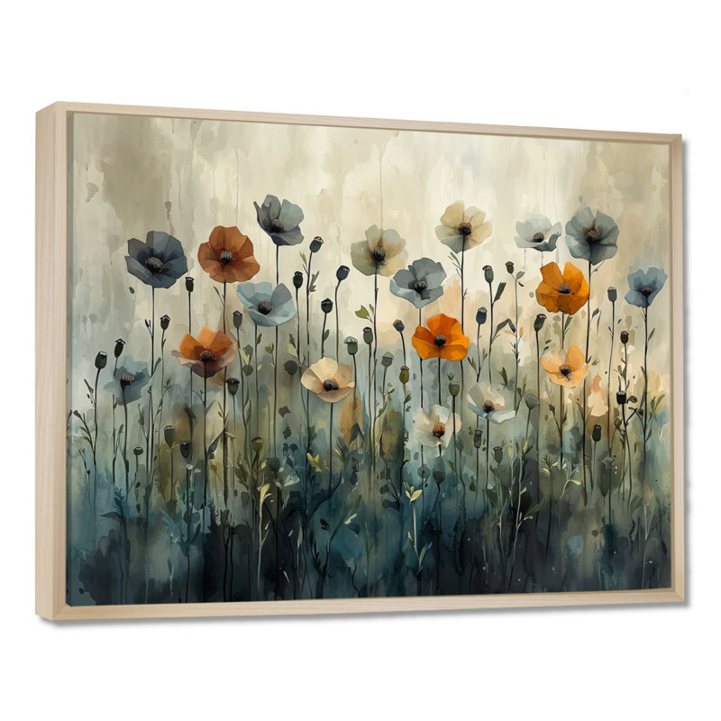 Hiver, minimalisme, coquelicots, champ III - coquelicots, art mural, H 34 po x l 44 po, Cadre crème crème