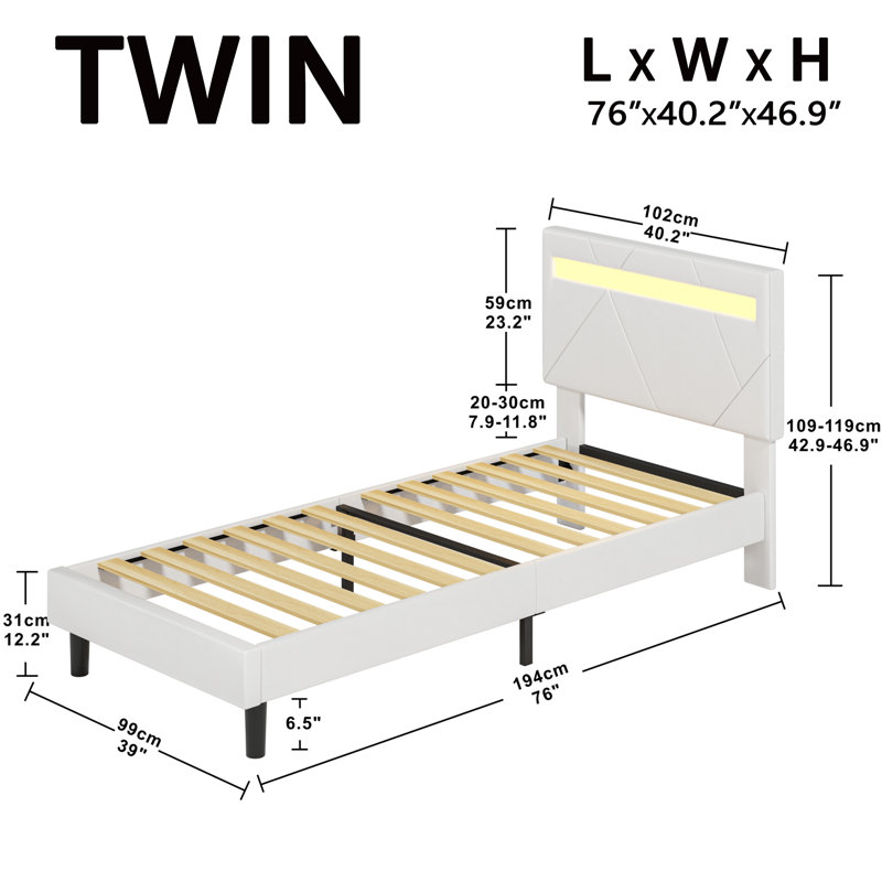 Chadijah Modern Style PU Leather Upholstered Bed with Adjustable Headboard & RGB LED Lights, Twin, White