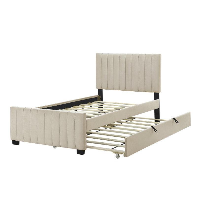 Lit plateforme simple tapissier en velours avec lit gigogne simple, Beige