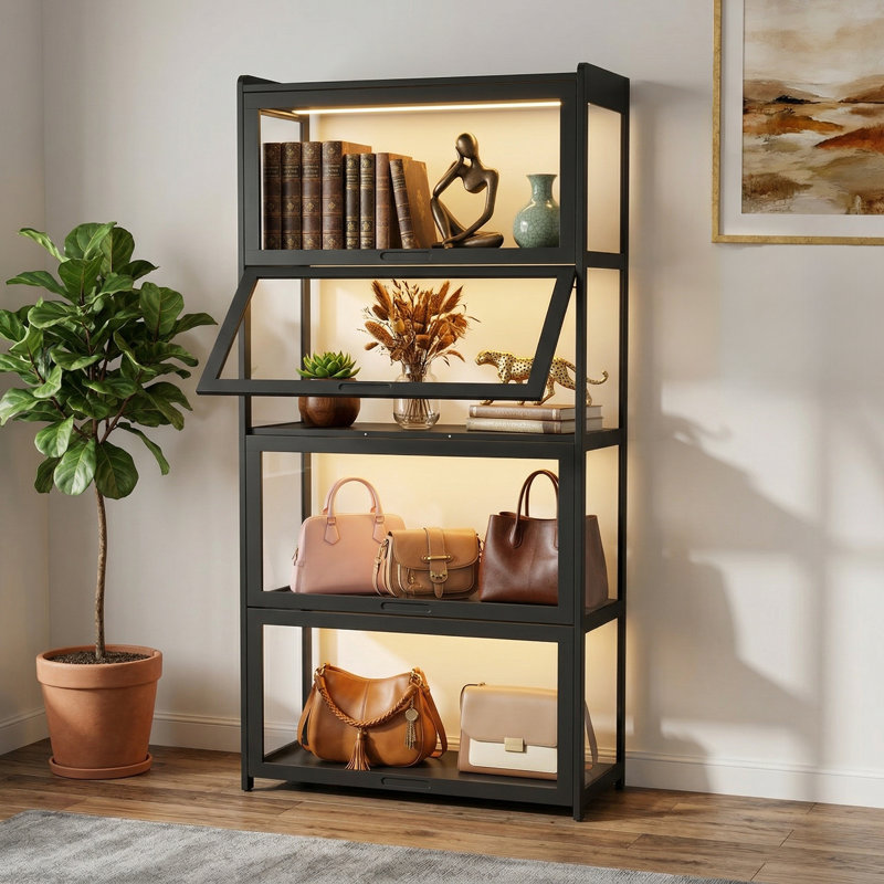 Modern Home Office 55" 4-Tier Transparent Display Cabinet Acrylic Flip Door Curio Cabinet Floor-Standing Showcase Bookshelf For Living Room Bedroom