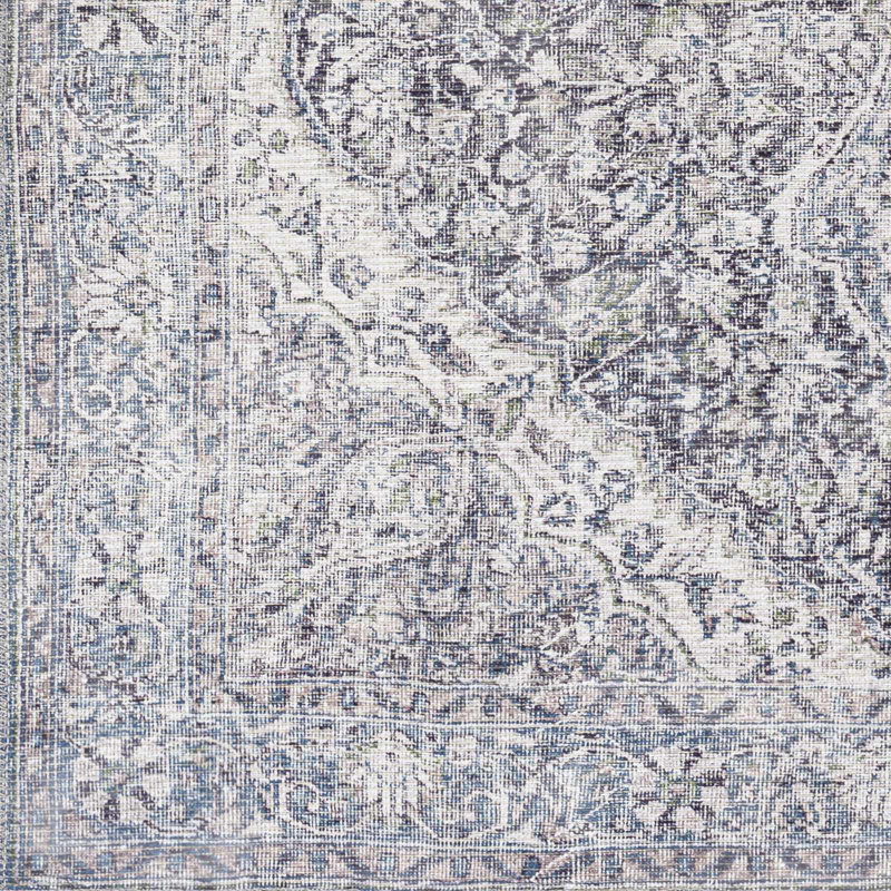 Tapis Tava lavable à la machine, motif médaillon traditionnel, gris foncé/bleu, 7 pi 10 po x 12 pi