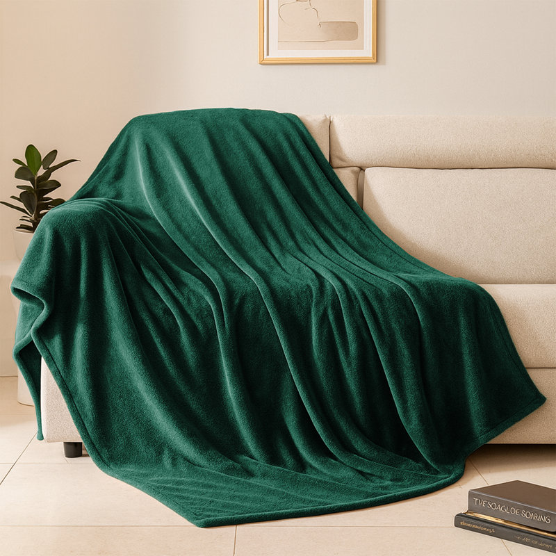 Fairmont Park Solid Color Lightweight, Warm Breathable, Soft Sherpa Fleece Blanket, Green Emerald, Kingsize 240cm x 200cm