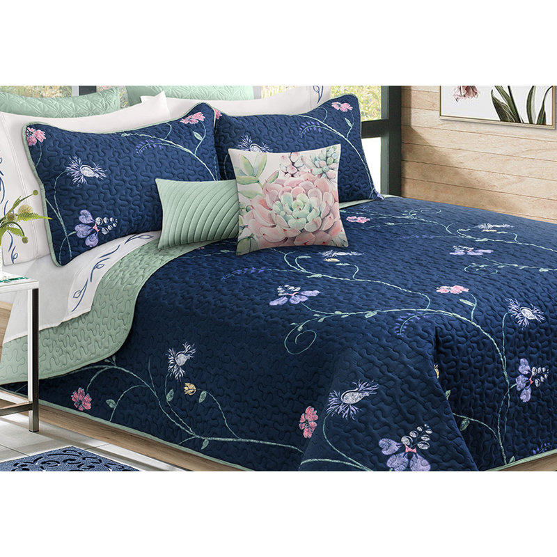 Blue Floral Reversible Microfiber Twin Quilt Set