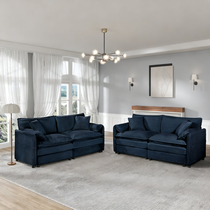 Ensemble de canapé surdimensionné en chenille 2 pièces avec causeuse modulaire et 4 coussins, Bleu