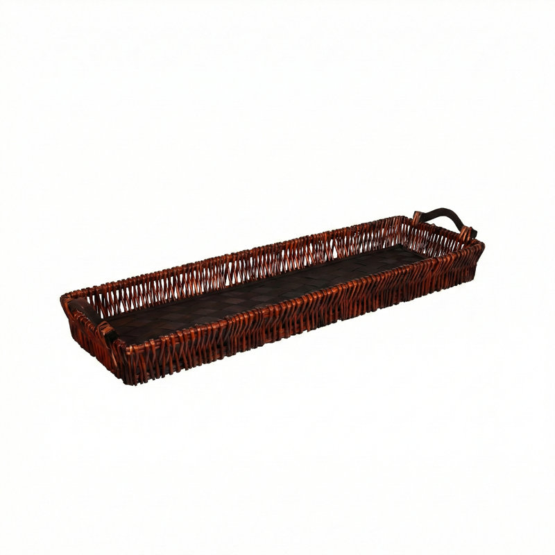 Extra-Long Handwoven Willow Centerpiece Tray with Color-Matched Wood Base & Handles, 37.8", Honey Brown