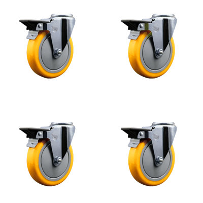 5 Inch Yellow Poly Wheel Swivel Bolt Hole Caster Set with Posi Lock Brakes SCC