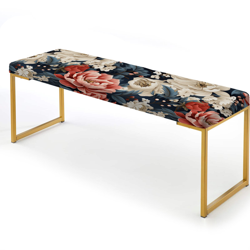 Beige And Light Red Farmhouse Floral Pattern - Floral Upholstered Gold Bench