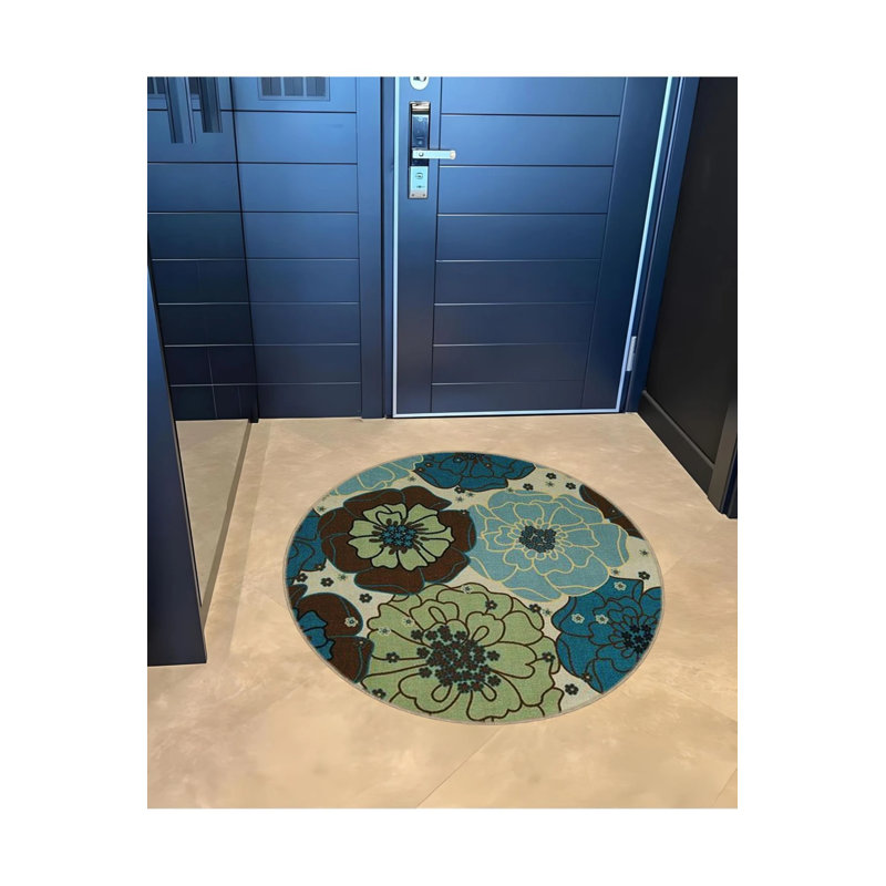Floral Patterned Woven Base Decorative Carpet In Blue And Green Tones, Round 2'8"