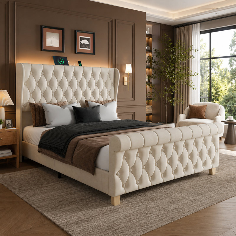 Structure de lit plateforme moderne en velours, support de lattes en bois massif, aucun sommier requis, Queen, Beige