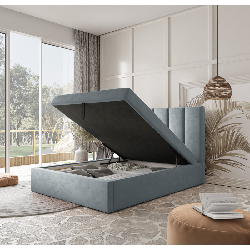 Box Spring Bed Jinesh with Bonell Mattress and Storage, Blue, 160 x 200cm