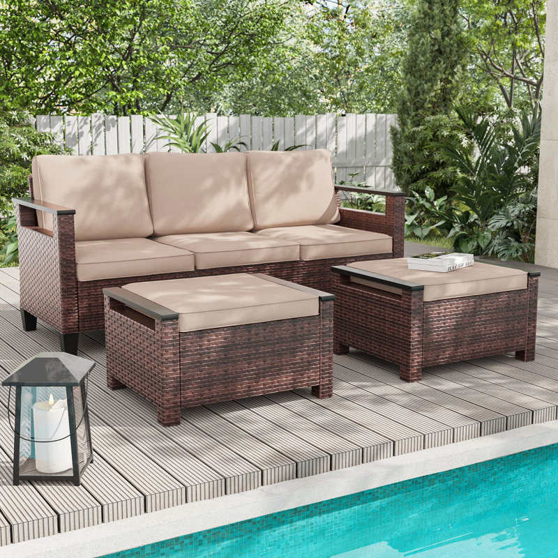 Ensemble de conversation canapé et repose-pieds 3 pièces pour patio, Sable