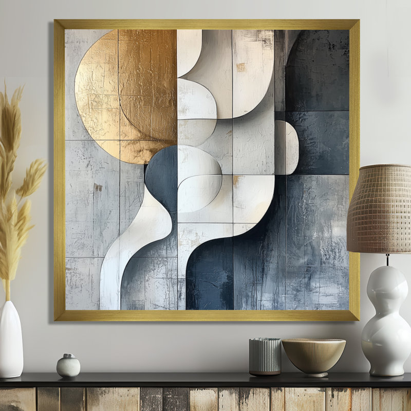Motif géométrique abstrait doré et gris de forme ontine d'Ontine, Reproduction encadrée d'une seule photo, H 30 po x l 30 po