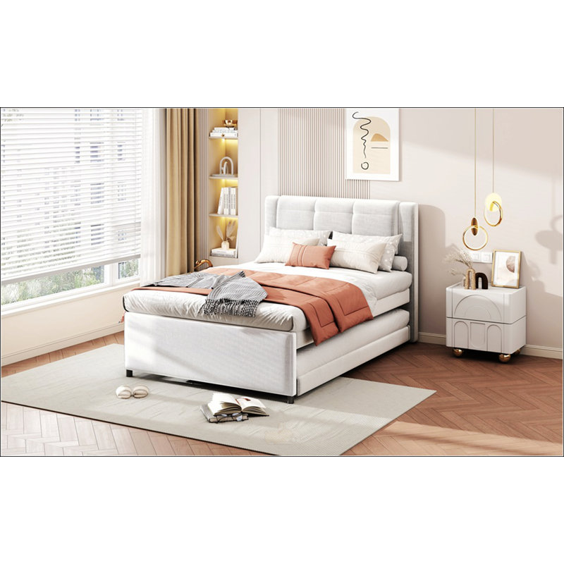 Lit plateforme double avec lit gigogne polyvalent, beige, peu encombrant et élégant pour les chambres à coucher modernes
