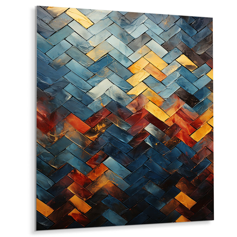 Carreaux cubiques abstraits jaunes et bleus - art mural en métal abstrait, H 20 po x l 12 po x P 1 po