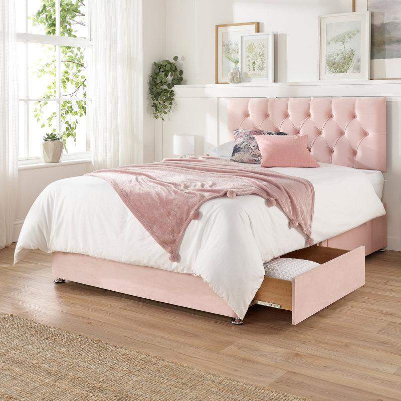 Amanjot Upholstered Divan Bed with Mattress, Small Double (4'), Rose, No Drawers