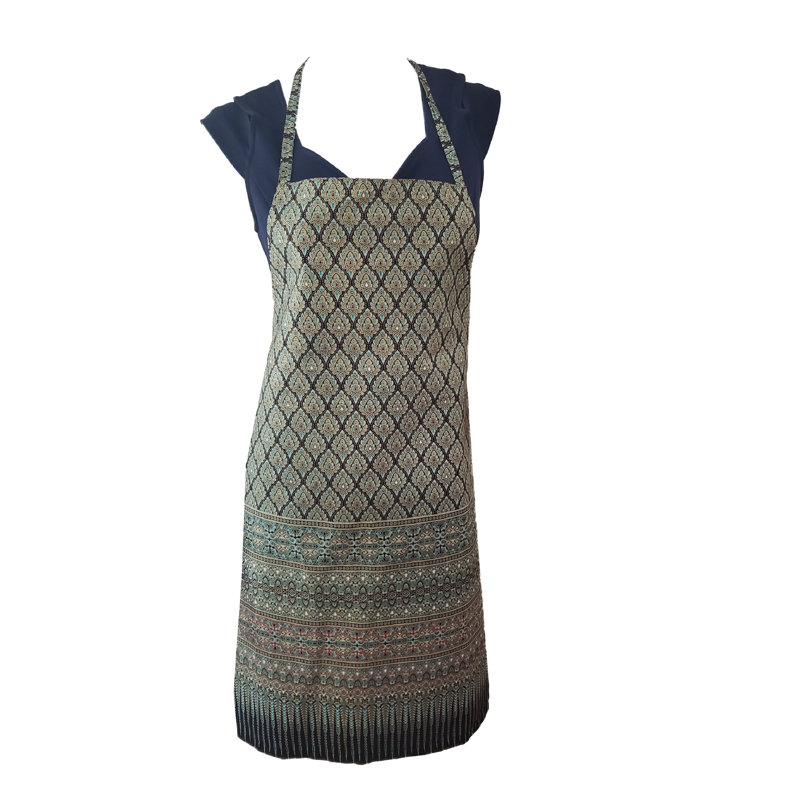 Apron Printed Floral Design Pinafore Style Long Waist Ties. Cotton Fabric Cooking Apron, Green/Black