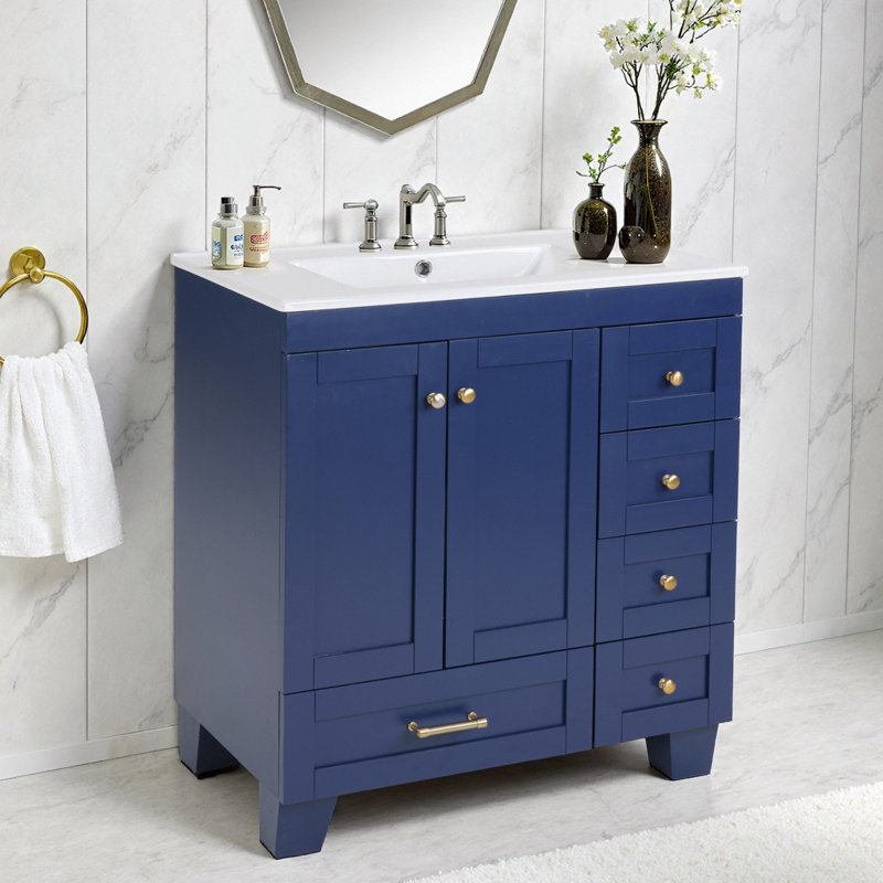 Meuble-lavabo 30 côtes bleu avec lavabo en céramique, tiroirs à fermeture en douceur et rangement multi-organisateurs - élégance sans effort