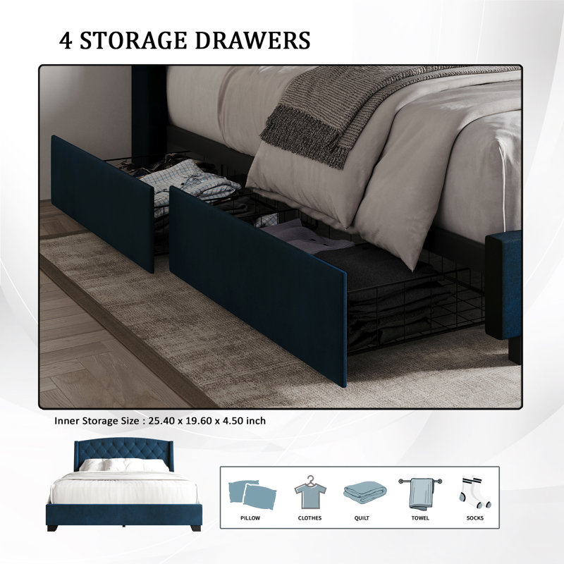 Laksha Upholstered Wingback Storage Bed, Full/Double, Dark Gray