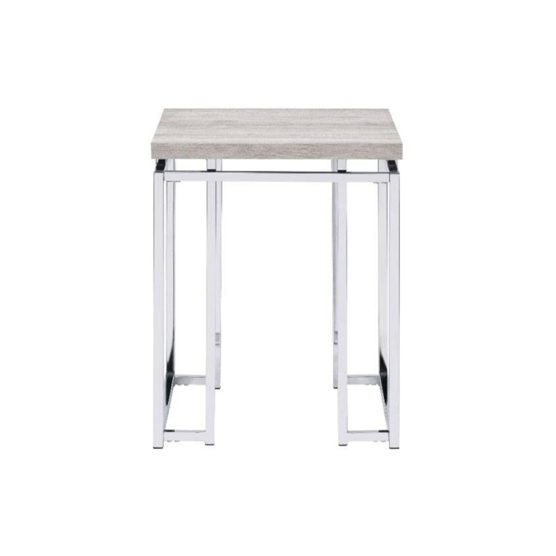 Table de bout carrée avec base en métal, chêne naturel et chrome